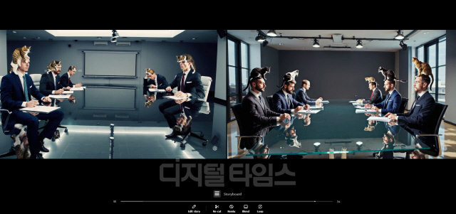 오픈AI의 소라를 이용해, 닭이 머리 위에 올라가 있는 기존 영상을 고양이로 바꿔 생성한 영상. 김영욱 기자